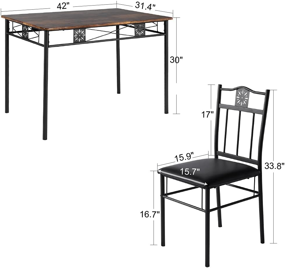 VECELO Kitchen Dining Room Table Sets for 4, 5 Piece Metal and Wood Rectangular Breakfast Nook, Dinette with Chairs, Retro-Brown