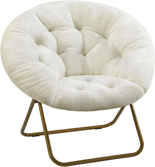 Comfortable Cozy Faux Fur Disc Chair Foldable Feature for Bedroom, Living Room and Dorm, Adult-Sized Relaxation, White