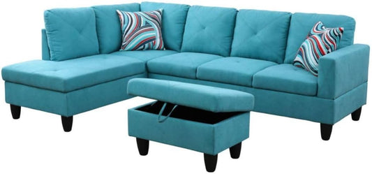 Light Blue L-Shaped 3-Piece Linen Sofa with Storage Ottoman Set, Sectional Couch Sofa Set for Living Room, Office, Small Space