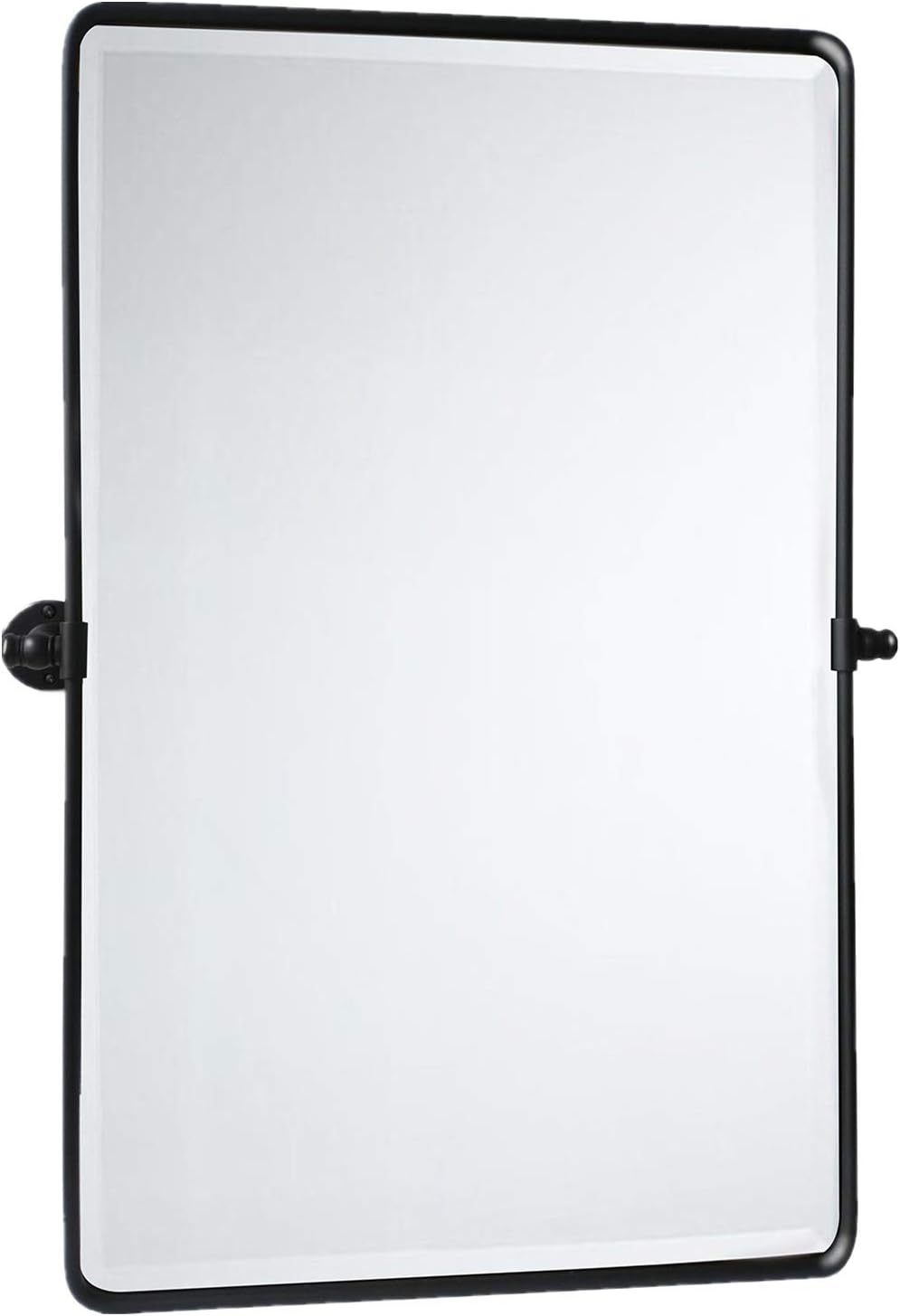 TEHOME Matt Black Pivot Rectangle Bathroom Vanity Mirrror Farmhouse Tiltable Rounded Metal Framed Pivoting Bathroom Mirror with Beveled Mirrror, Overall 27 x 35 inches (Mirrror 23 x 35 inches)
