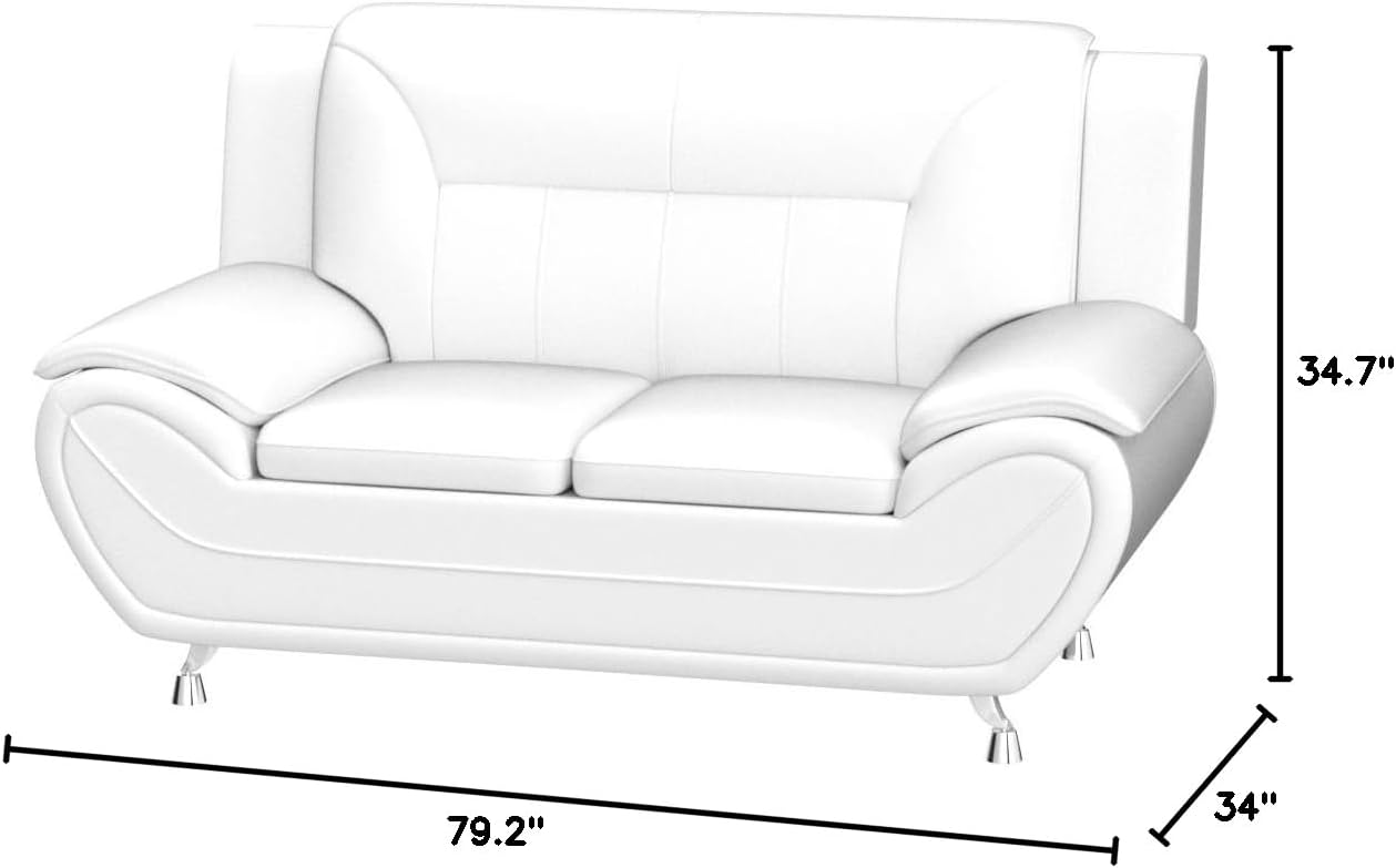 Container Furniture Direct Michael Modern Faux Leather Upholstered Stainless Steel Legs Living Room Loveseat, Milky White