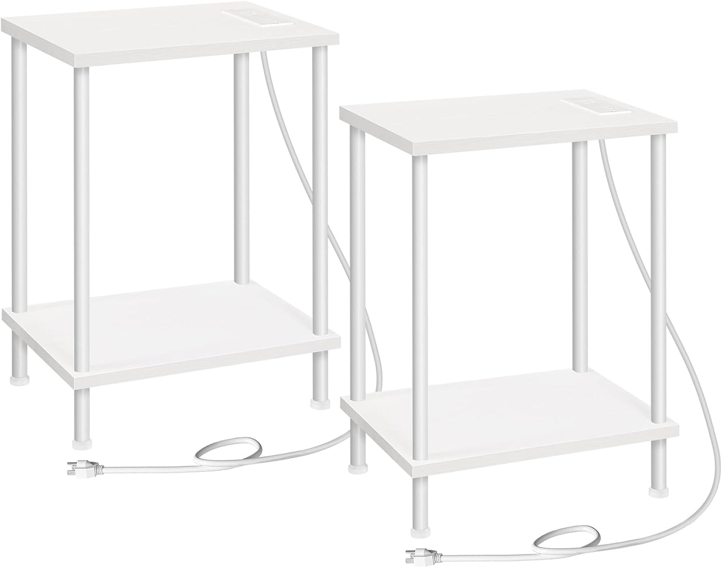 HOOBRO Side Table with Charging Station, Set of 2 End Tables with USB Ports and Outlets, Nightstand with 2-Layer Storage Shelves for Small Spaces, Living Room, Bedroom, White WW09UBZP201