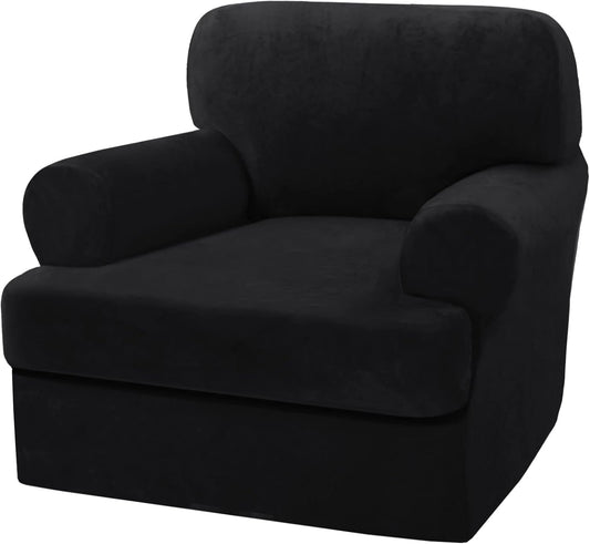 H.VERSAILTEX Sofa Cover 2 Piece T Cushion Armchair Slipcovers Thick Velvet Couch Cover Furniture Protector Stretch T Cushion Sofa Covers for 1 Cushion Couch with 1 Individual T Cushion Covers, Black