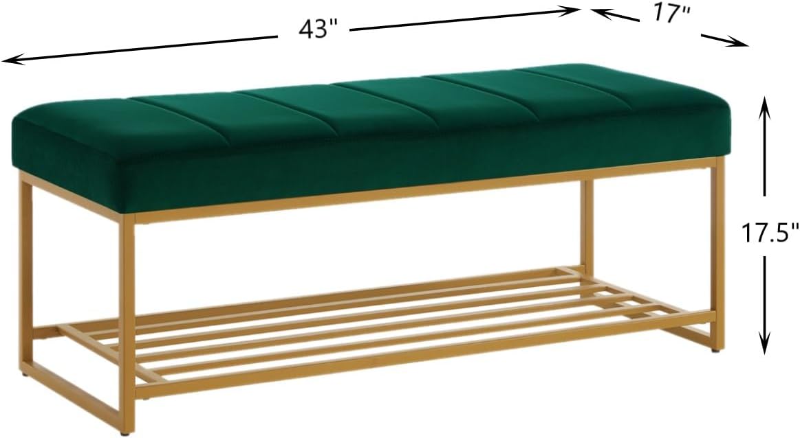 24KF Jade Velvet Upholstered End of Bed Bench with Metal Shelf, Modern Tufted Channel Entryway Bench Footboard Bench for Living Room, Bedroom, Gold Bench,5036-Jade