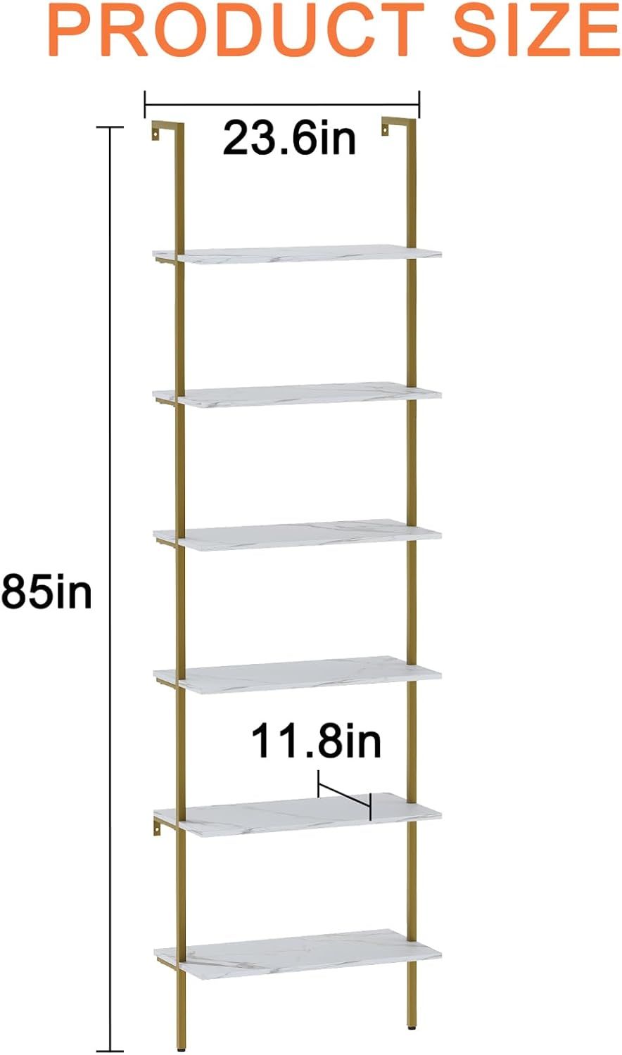 Ladder Shelf 6 Tiers Marble White Modern Bookshelf Open Tall Wall Mount Bookcase Standing Leaning Wall Shelves Industrial Decorative Living Room Bed Room