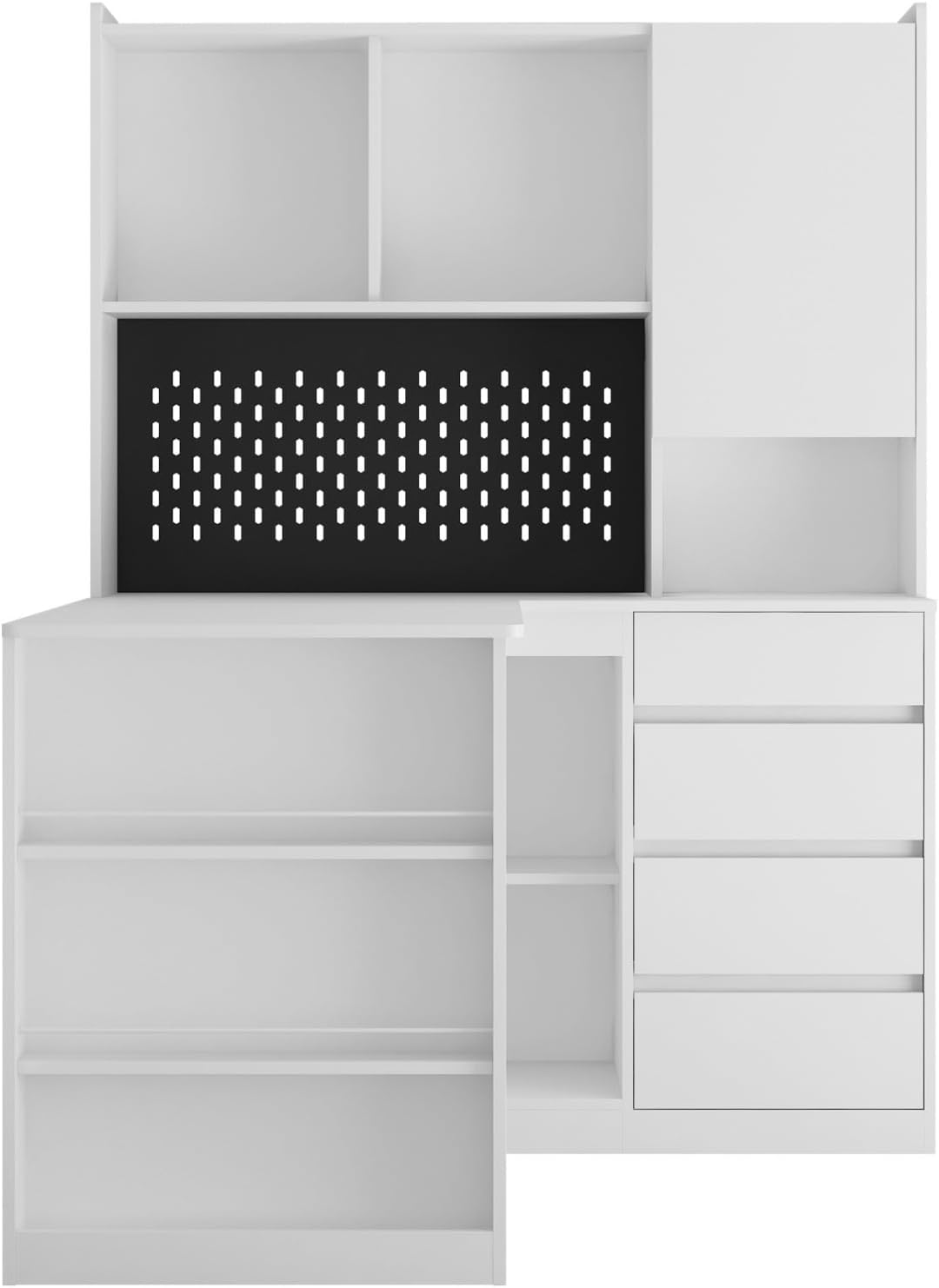 KEIKI L Shaped Home Office Desks with LED Light, Pegboard, Hutch, Drawers, Bookshelf & Storage Shelves, Modern Wooden Gaming Computer Corner Table for Work, Study, Writing
