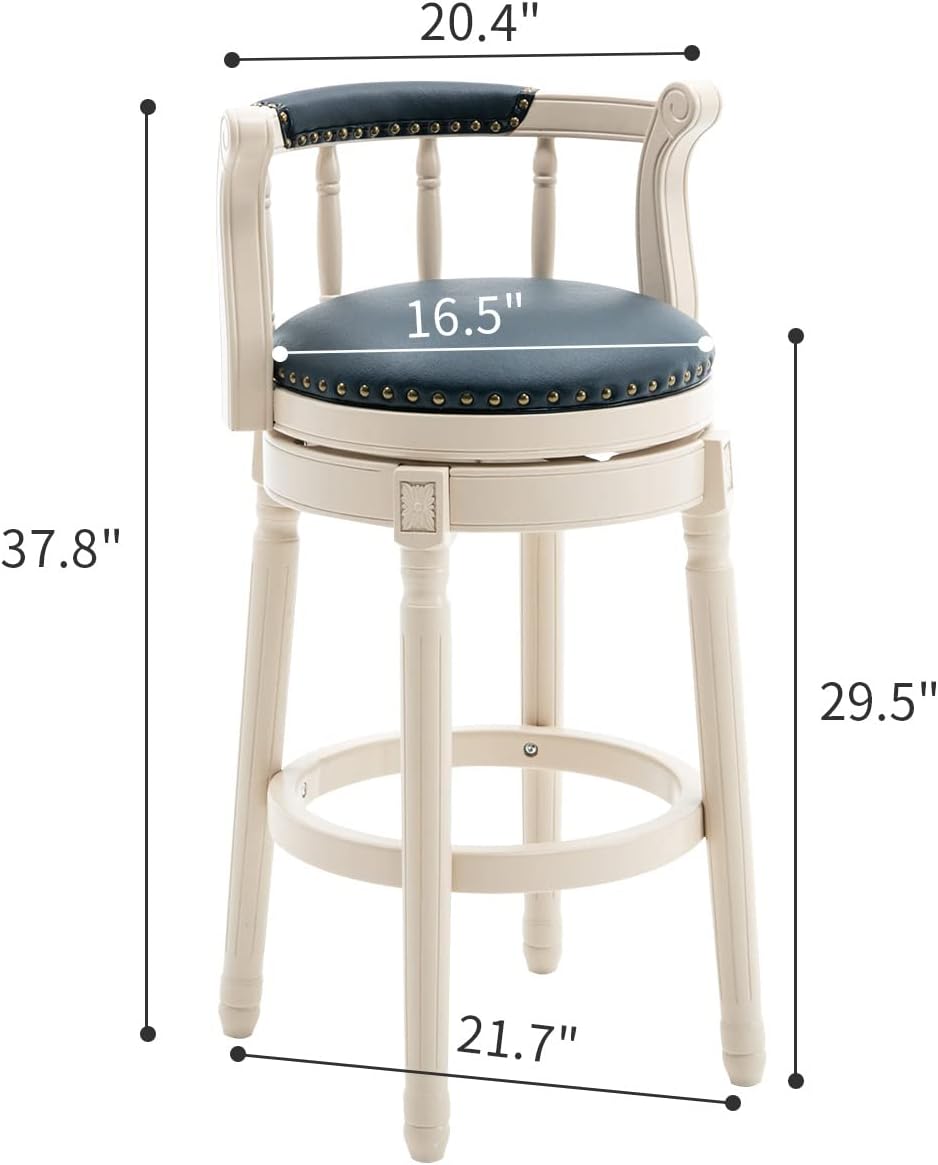Cow top Leather Wooden Bar Stools, 360 Degree Swivel Bar Height Chair with Backs for Home Kitchen Counter, Morden Chair Barstools (Ivory Wood 2pcs-Blue Seat, Bar Height-Seat Height 29.5”)