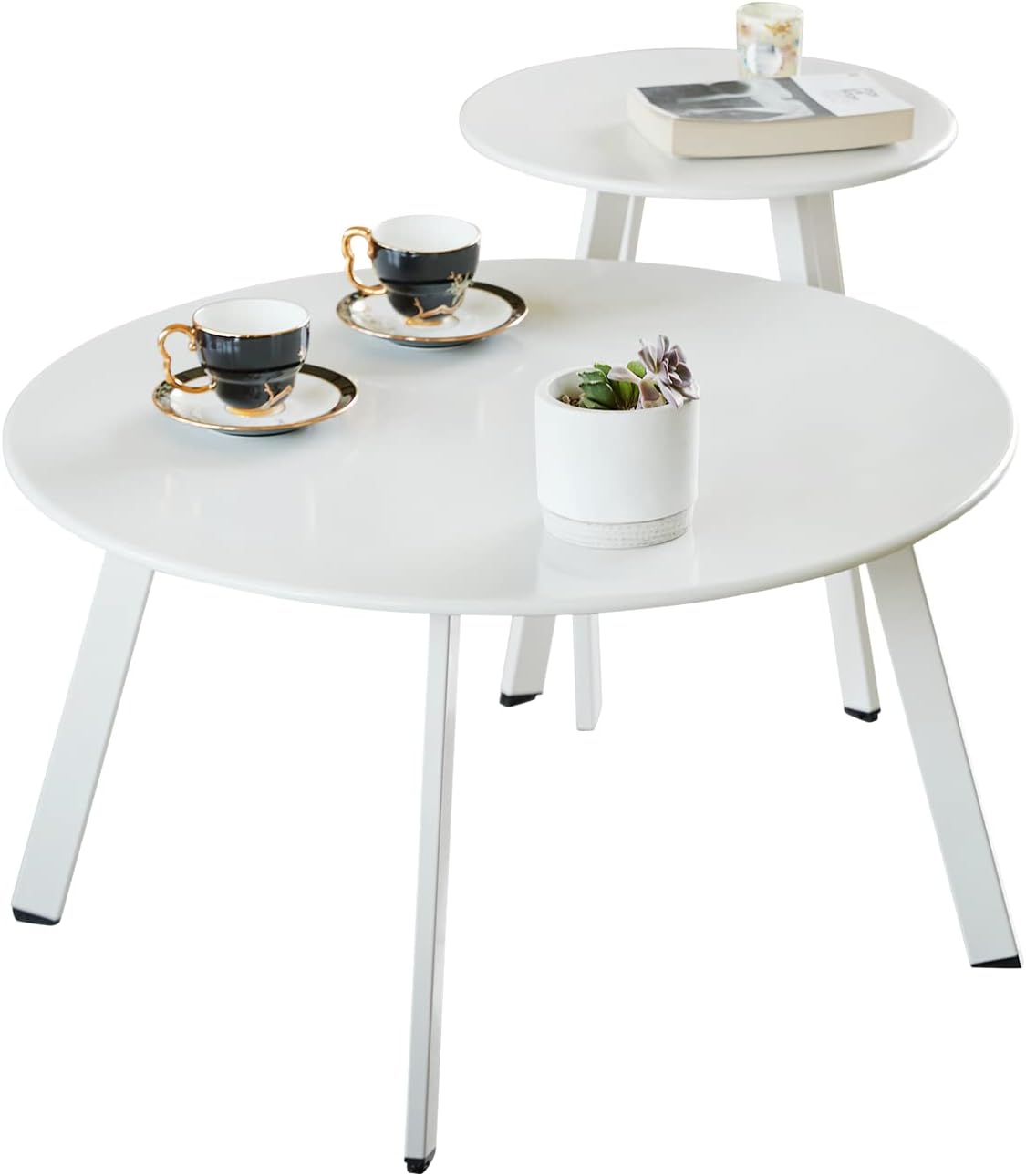 Patio Coffee Table Set of 2, Outdoor Weather Resistant End Table, Round Nesting Tables for Living Room Balcony Office, White
