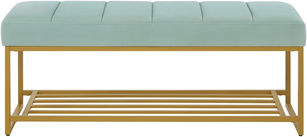 24KF Seaglass Velvet Upholstered End of Bed Bench with Metal Shelf, Modern Tufted Channel Entryway Bench Footboard Bench for Living Room, Bedroom, Gold Bench,5036-Seagalss