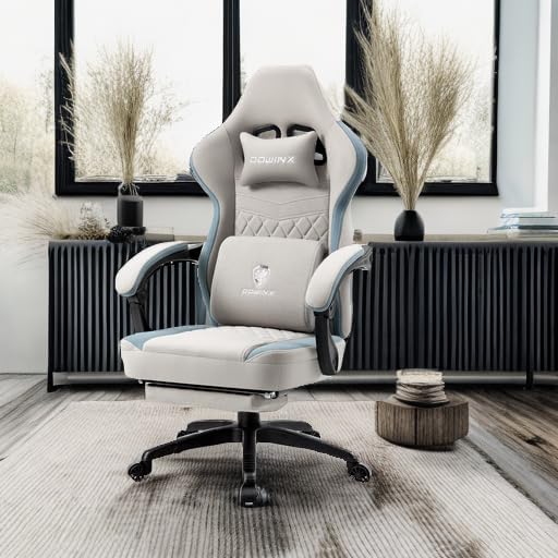 Dowinx Gaming Chair Breathable Fabric Game Chair with Gel Pad and Storage Bag, Comfortable Gamer Chair with Pocket Spring Cushion,Ergonomic Computer Chair with Footrest,Grey