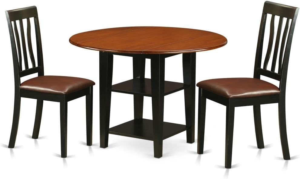 East West Furniture SUAN3-BCH-LC 3 Piece Dining Room Furniture Set Contains a Round Dining Table with Dropleaf & Shelves and 2 Faux Leather Upholstered Chairs, 42x42 Inch, Black & Cherry