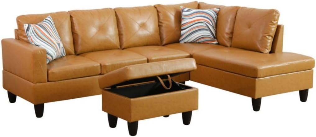 Ginger L-Shaped 3-Piece Faux Leather Sofa with Storage Ottoman Set, Sectional Couch Sofa Set for Living Room, Office, Small Space