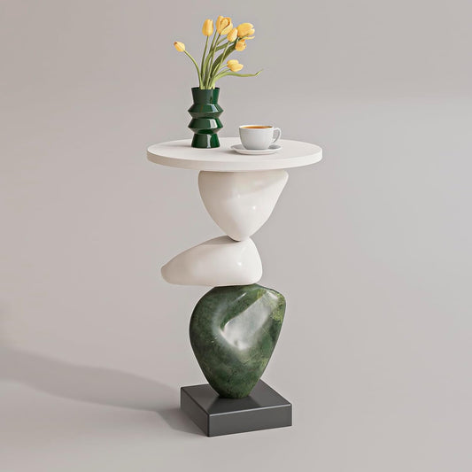 Luxury Coffee Table, Marble Style Side Table with Stacked Pebbles Design, Morden Style Oval Stone End Table for Living Room, Bedroon and Office