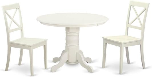 East West Furniture SHBO3-WHI-W 3 Piece Dinette Set for Small Spaces Contains a Round Dining Room Table with Pedestal and 2 Kitchen Dining Chairs, 42x42 Inch, Linen White