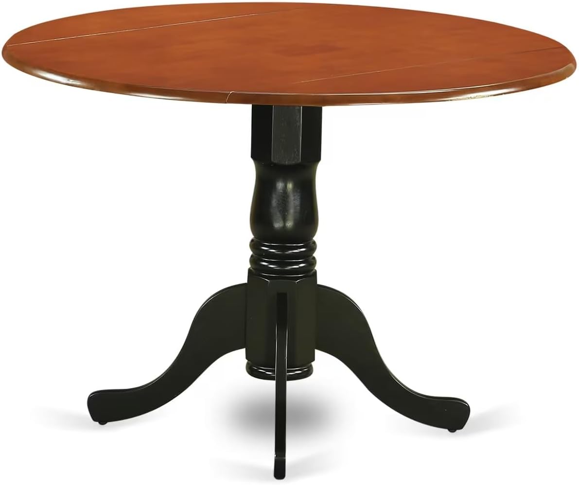 East West Furniture DLAN3-BCH-C 3 Piece Dining Room Table Set Contains a Round Kitchen Table with Dropleaf and 2 Linen Fabric Upholstered Dining Chairs, 42x42 Inch, Black & Cherry