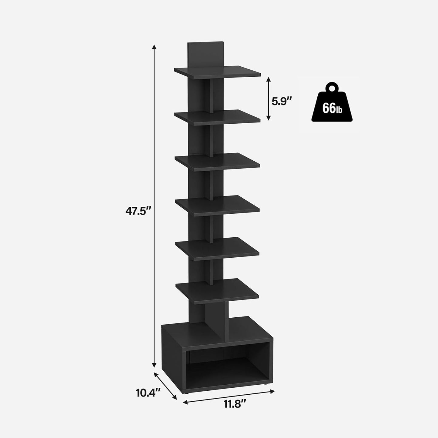 TUTOTAK Narrow Bookshelf, Vertical 8-Tier Bookcase, Spine Book Shelf for Small Space, Small Standing Shelf for Living Room, Office, Study, Entryway, Black BS07BK008