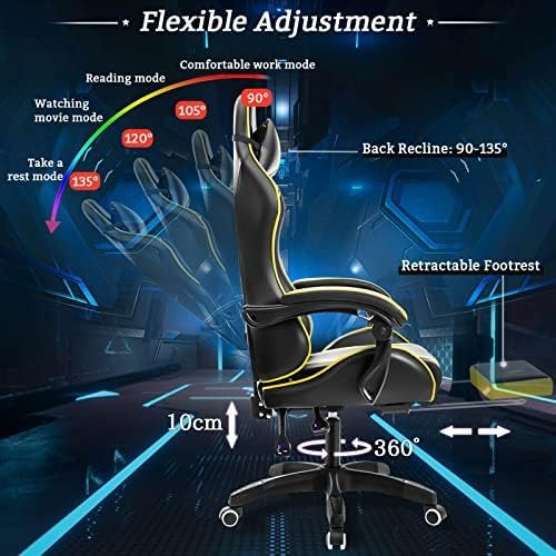 HOFFREE RGB Gaming Chair with Speakers and Massage Ergonomic Computer Chair with Lights and Footrest Reclining Video Game Chairs for Adults Yellow and Black
