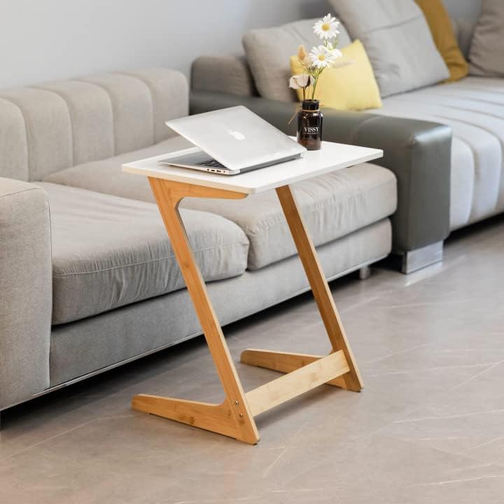 Forevich Bamboo Modern Tv Trays Table for Eating, Wood Couch Table End Snack Desk Sofa Side Table Z Shaped White