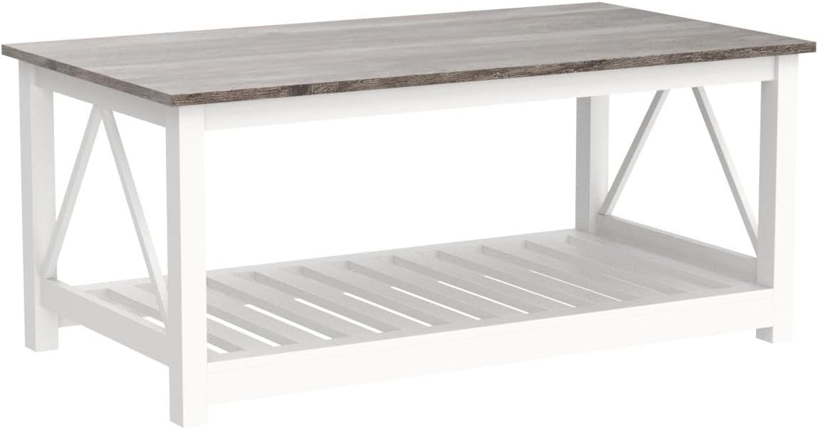 Farmhouse Coffee Table, White Oak Coffee Table for Living Room, 2-Tier Rectangular Wooden Centre Cocktail Table with Slats Shelf Storage and V-Shaped Frame Modern Coffee Oak Grey