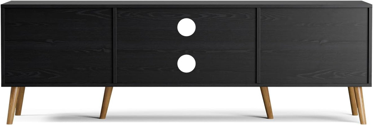 TV Stand for TVs up to 65'', Entertainment Center with Rattan Door, Shelves & 2 Cabinets, Boho Media TV Console for Living Room, Bedroom, Black
