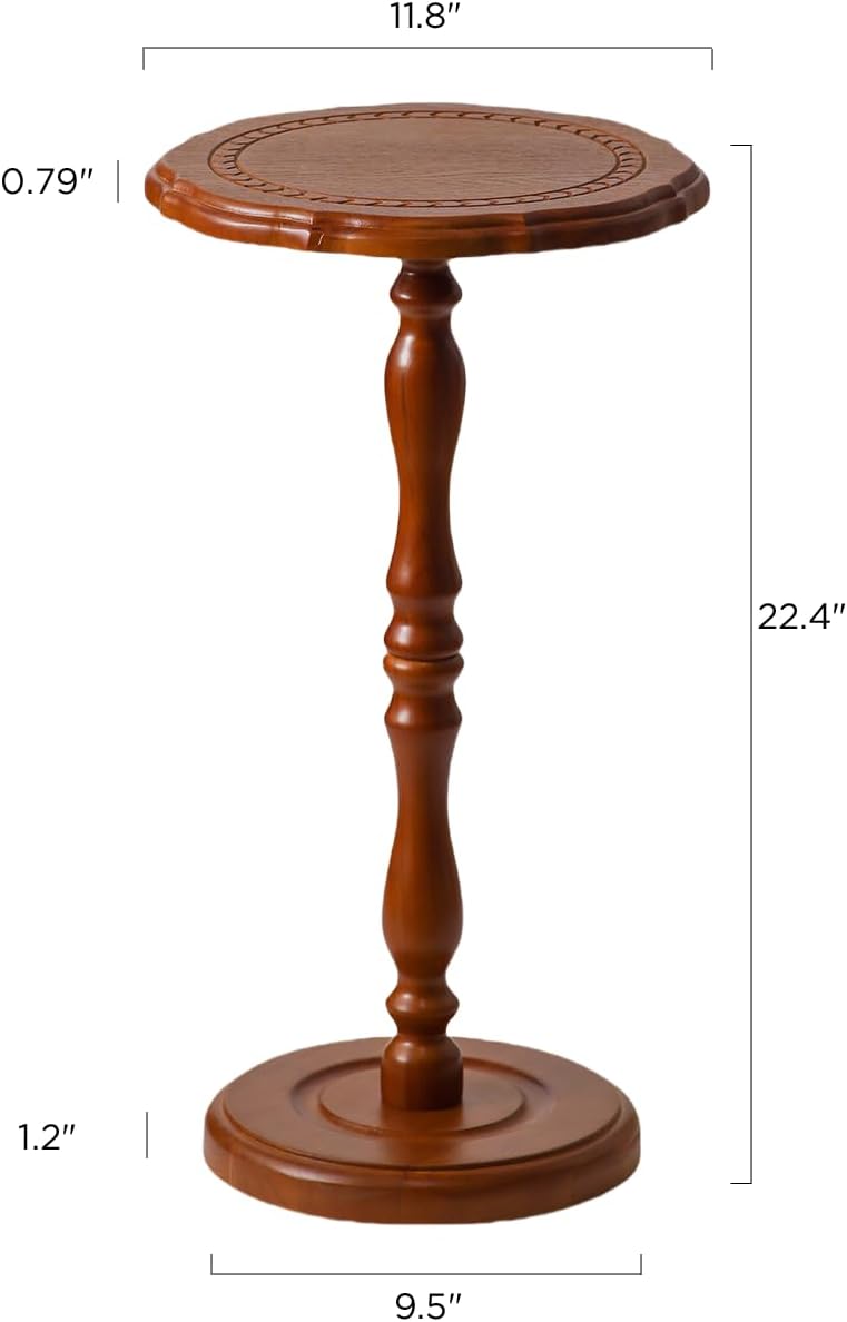 Solid Wood Side Table, Small Drink Table for Small Spaces, Round Vintage Pedestal End Tables for Living Room, Bedroom, Plant, Accent for Corners