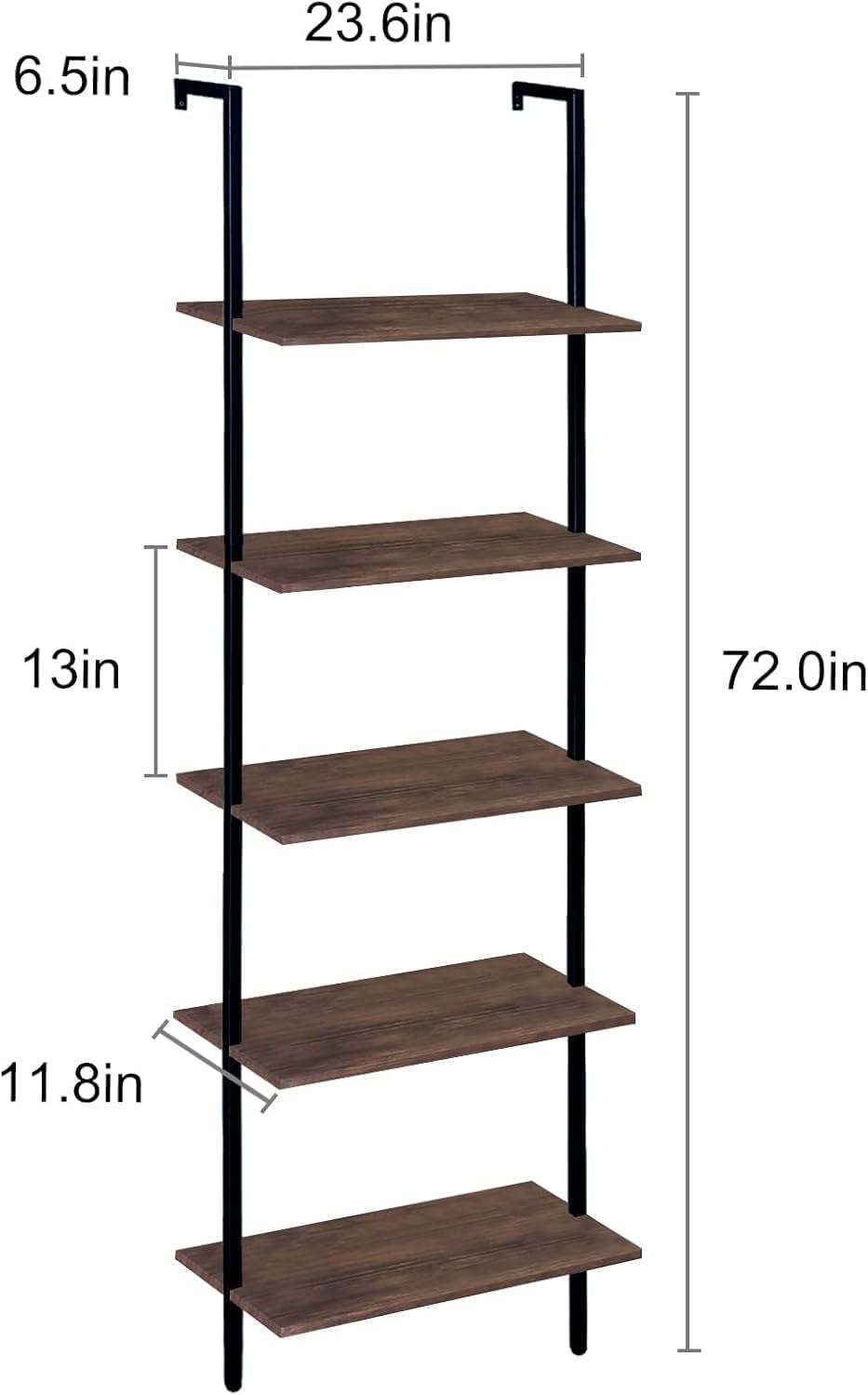 5 Tiers Ladder Shelf Brown Modern Bookshelf Open Tall Wall Mount Bookcase Standing Leaning Wall Shelves Industrial Decorative Living Room Bed Room