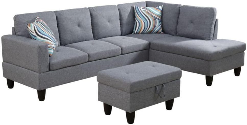 Grey L-Shaped 3-Piece Linen Sofa with Storage Ottoman Set, Sectional Couch Sofa Set for Living Room, Office, Small Space