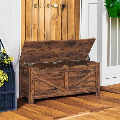 39.4" Storage Chest, Extra Large Storage Trunk with 2 Safety Hinges, Wooden Box Bench, Lift-Top Organizer Chest, Shoe Bench for Entryway, Bedroom, Living Room, Rustic Brown SB04501X