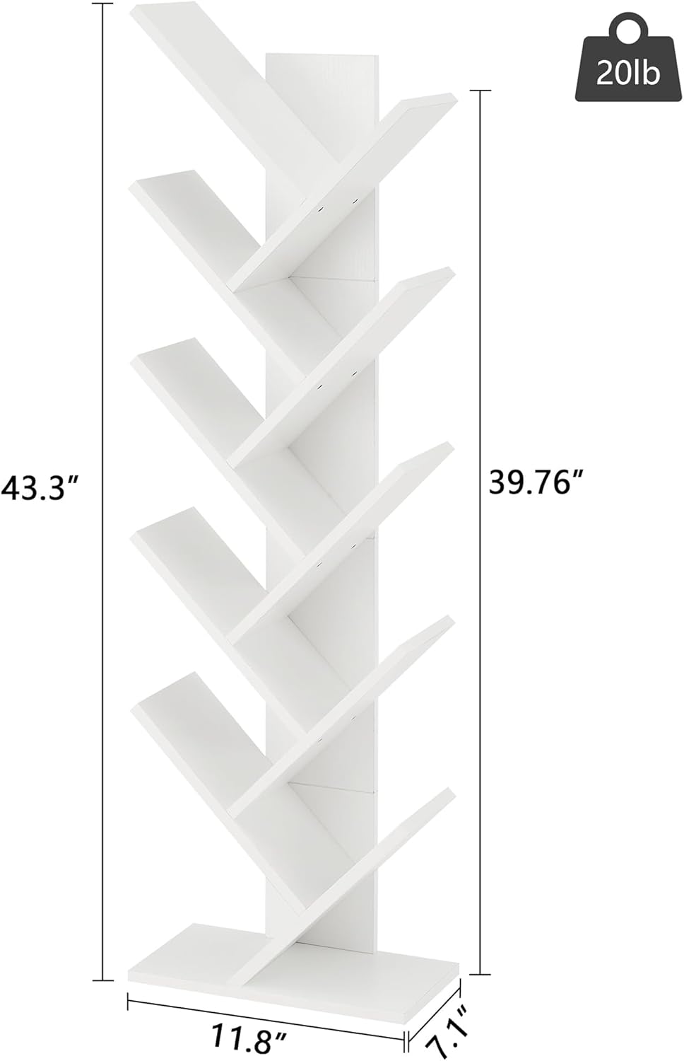 Hoctieon 10 Tier Tree Bookshelf, 10 Shelf Bookcase, Free Standing Tree Bookcase, Display Floor Standing Shelf for Books, Book Organizer Shelves for Home Office, Living Room, Bedroom, White