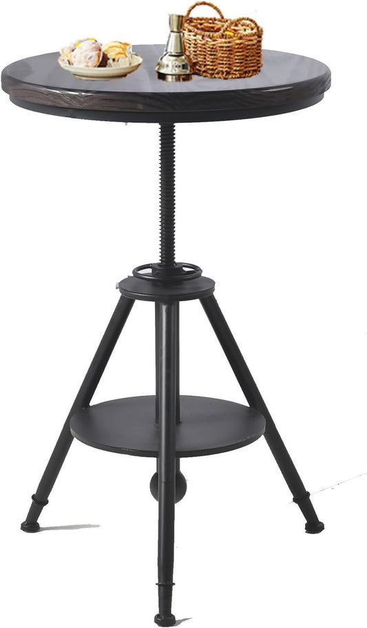 Industrial Vintage Cafe Farmhouse Dining Table - Rustic Round Wooden Top, Height Adjustable 21-29in