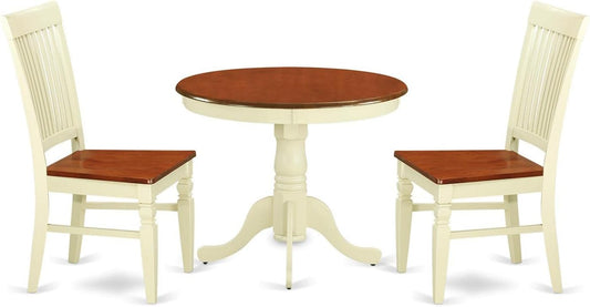 East West Furniture ANWE3-BMK-W 3 Piece Dining Room Table Set Contains a Round Kitchen Table with Pedestal and 2 Dining Chairs, 36x36 Inch, Buttermilk & Cherry