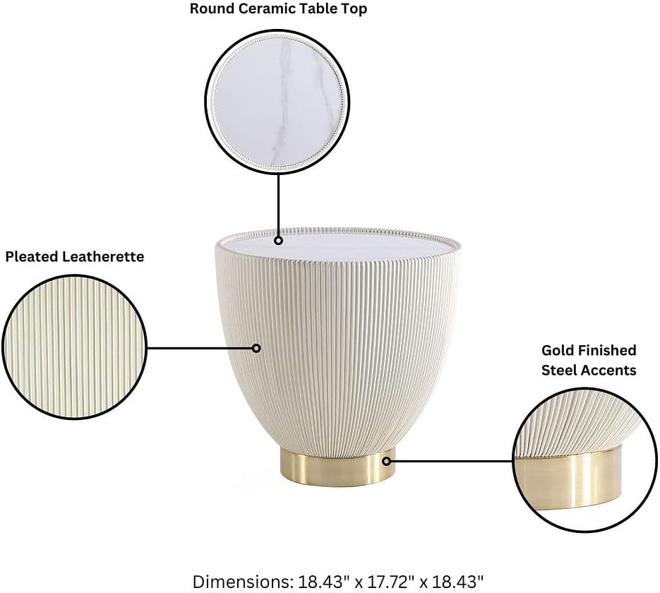 Manhattan Comfort Anderson Modern 18" Round End Table 2.0 | Ceramic Marble Tabletop, Elegant Pleated Leatherette Design & Gold Stainless Steel Base, Fully Assembled Accent Furniture, Set of 1, Cream