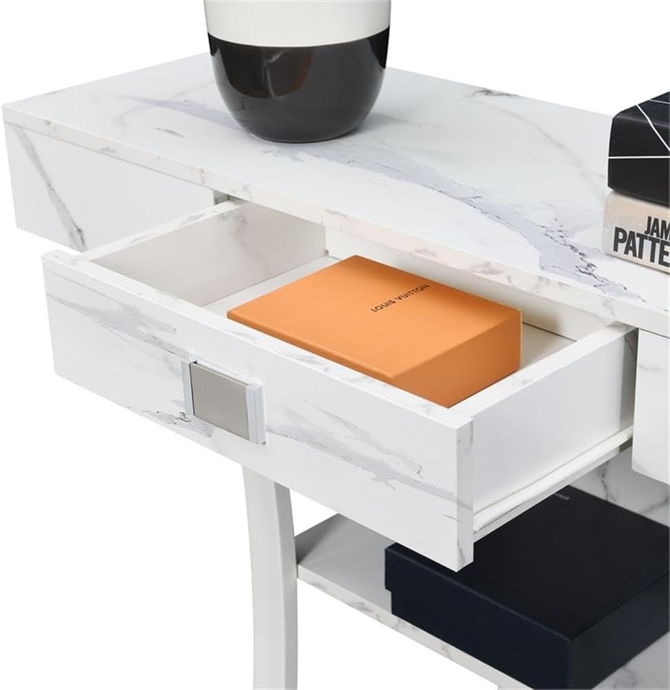 Convenience Concepts Newport Harri Console Table 36" - Modern Sofa Table with Storage Shelves, One Drawer Narrow Entryway Hall Table for Living Room, White Faux Marble/White