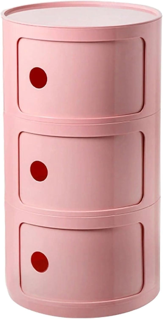 3 Tier Round Nightstand with Drawer, Pink Round Side Table Small Plastic Storage End Table Suitable for Bedroom, Living Room, Bathroom (Pink)