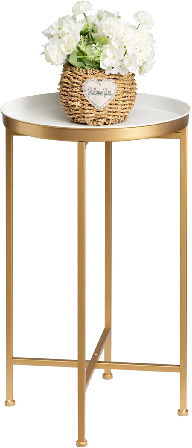 danpinera Gold Side Table, Metal Folding Black Side Table Small Round Circle End Table with Tray Top Waterproof Black Nightstand for Bedroom Living Room Small Spaces 25.75 Inch
