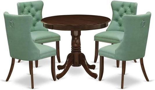 East West Furniture ANDA5-AWA-22 5 Piece Kitchen Table Set Includes a Round Dining Table with Pedestal and 4 Polyester Fabric Upholstered Parson Chairs, 36x36 Inch, Antique Walnut