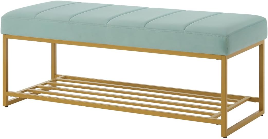 24KF Seaglass Velvet Upholstered End of Bed Bench with Metal Shelf, Modern Tufted Channel Entryway Bench Footboard Bench for Living Room, Bedroom, Gold Bench,5036-Seagalss