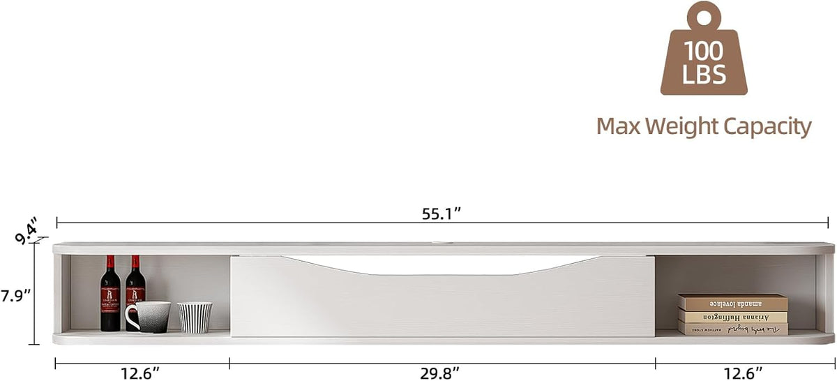 Floating TV Stand,55'' Wall Mounted TV Cabinet,Floating TV Console,Under TV Shelf with 1 Door and 2 Cabinets for TVs up to 65''(White)