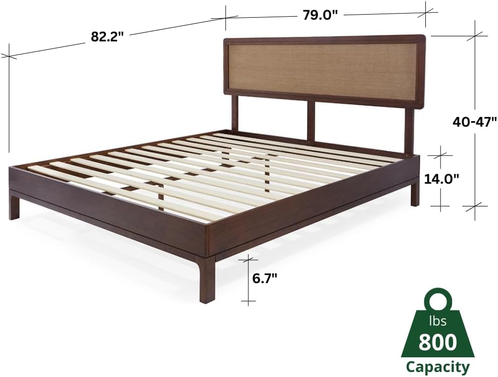 Bme Nipe King 14 Inch Bohemian Bed Frame with Adjustable Wicker Headboard - Rustic & Vintage Unique Style with Acacia Wood - No Box Spring Needed - Easy Assembly - Walnut