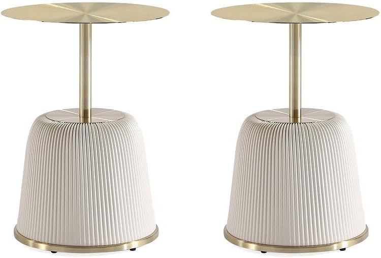 Manhattan Comfort Anderson Modern 15.75" Round End Tables 1.0 - Elegant Leatherette Upholstered Base with Pleated Design & Gold Steel Tabletop, Fully Assembled Accent Furniture, Set of 2, Cream