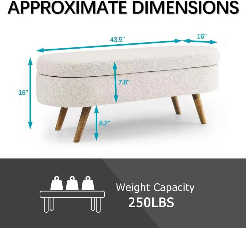 Oval Storage Bench 43.5" Linen Fabric Upholstered Entryway Bench with Solid Wood Legs Ottoman Bench Indoor Bench for Living Room/Bedroom/End of Bed/Entryway (Beige)