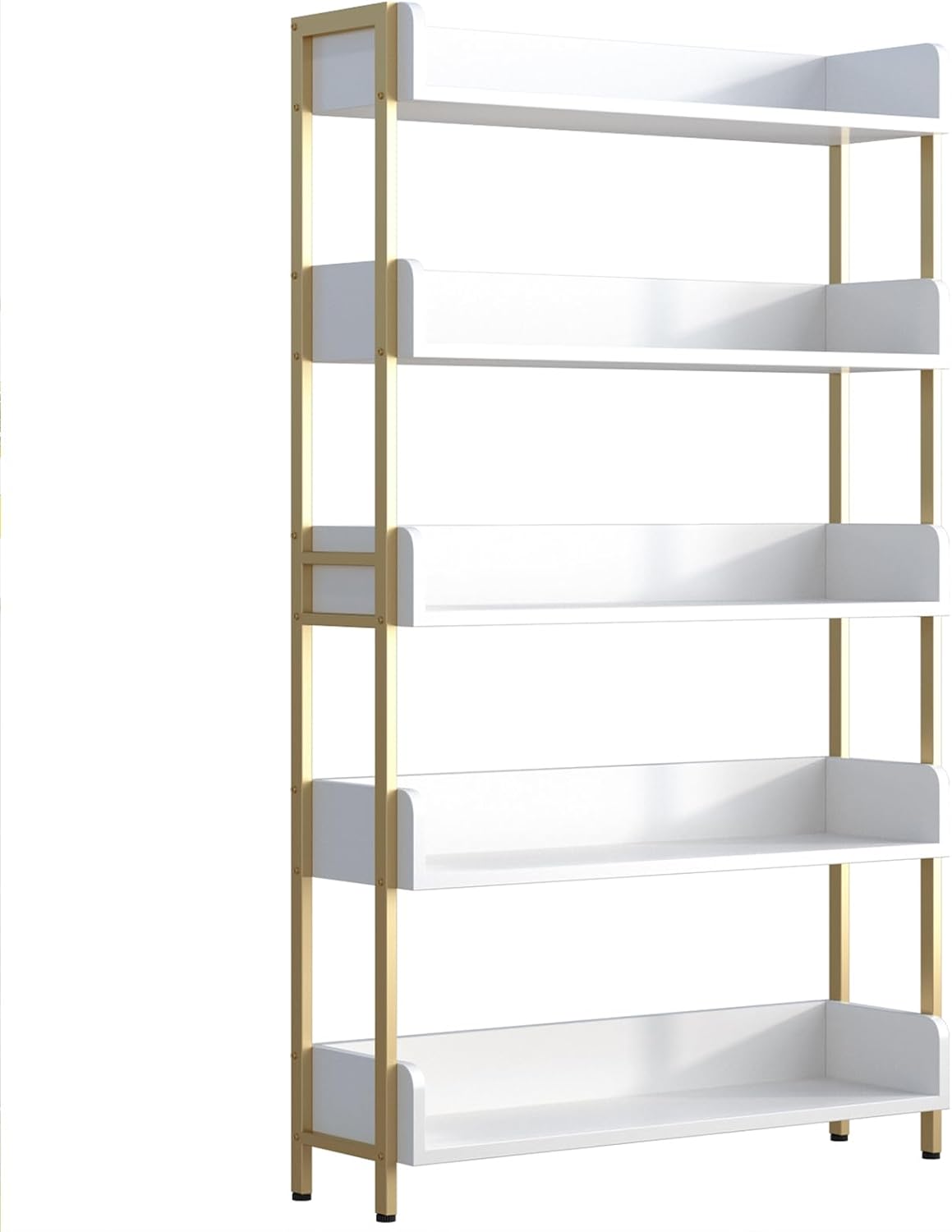 Wide Open Shelf Bookcase - Modern 5-Tier Floor Standing Display Bookshelf with Top Edge for Home and Office, Storage Shelving in Warm White with Gold Frame
