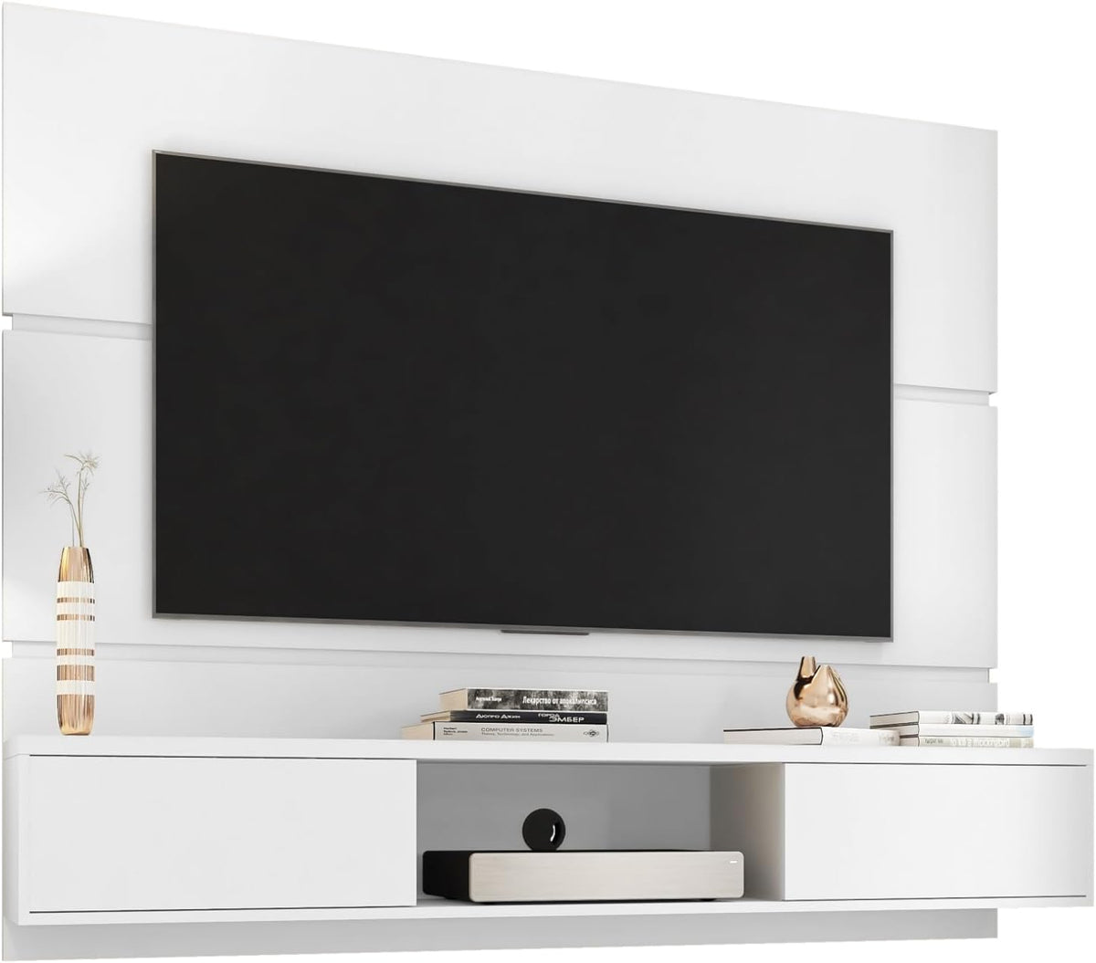 Manhattan Comfort Vernon 62" Floating Entertainment Center, Wall Mounted TV Stand for 55'' Television with Concealed & Open Storage, Hole for Cable Management, White
