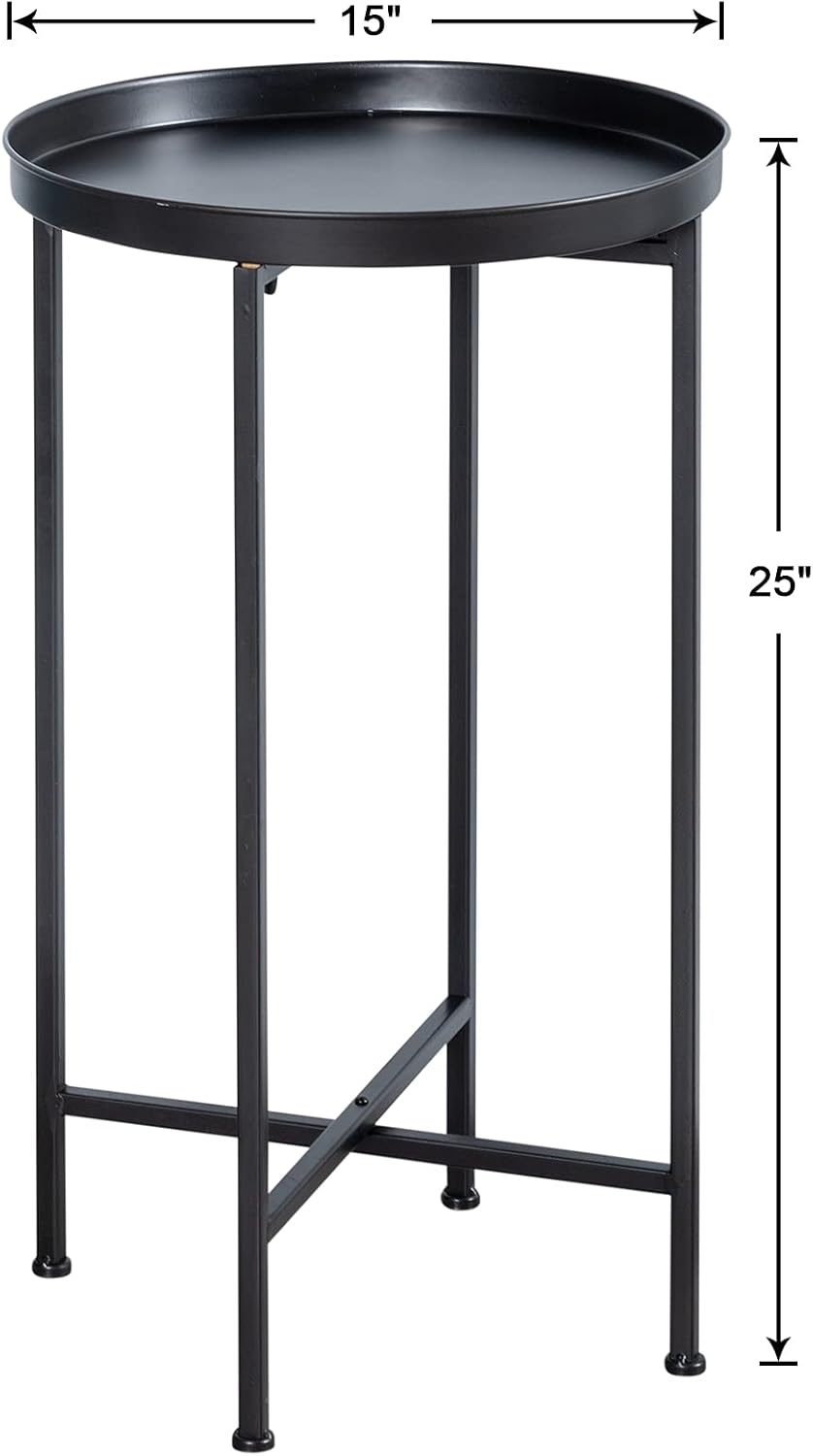 HollyHOME Small Round Metal Waterproof End Table, Accent Indoor&Outdoor Coffee Side Table, Snack Sofa Table for Living Room, Anti-Rust Decorative Plant Stand, (D) 14.5" x (H) 25", Black