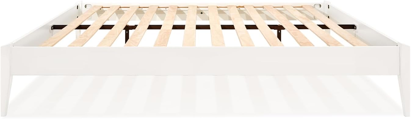 Bme Dinkee Signature Ivory White Queen Bed Frame Without Headboard - Modern & Minimalist Style with Acacia Wood - 12 Strong Wood Slat Support - Easy Assembly - No Box Spring Needed