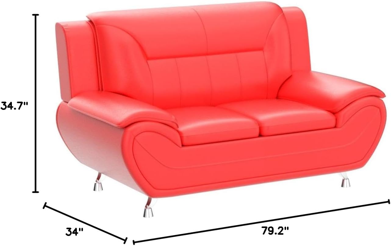 Container Furniture Direct Michael Modern Faux Leather Upholstered Stainless Steel Legs Living Room Loveseat, Red