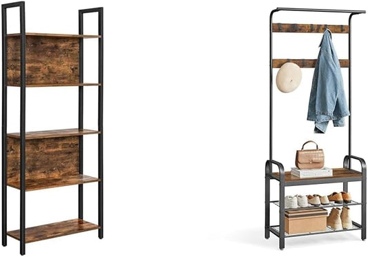 VASAGLE 5-Tier Industrial Bookshelf and 4-in-1 Entryway Coat Rack with Shoe Bench