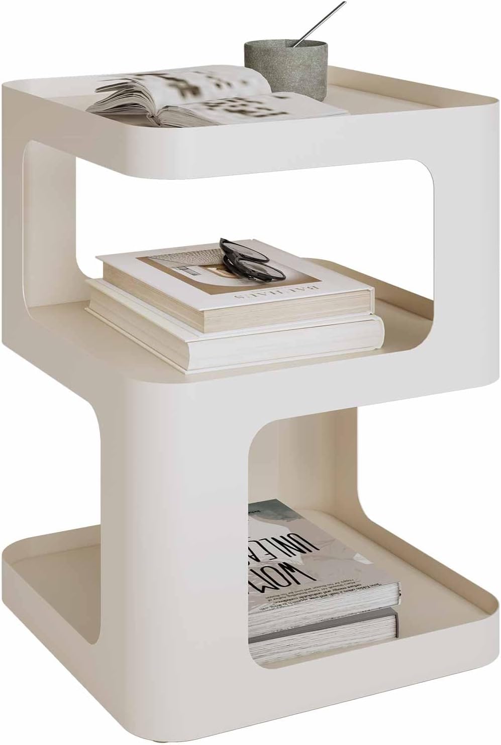 XIV Side Table, Small End Table, Modern Nightstand, Accent Bedside Table, 3 Tier Night Stands, Metal Bed Side Table for Living Room Bedroom Outdoor Entryway, No Assembly Required (Off White, Square)