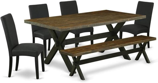 East West Furniture X677DR124-6 6 Piece Dining Set Contains a Rectangle Dining Room Table with X-Legs and 4 Black Color Linen Fabric Upholstered Chairs with a Bench, 40x72 Inch, Multi-Color