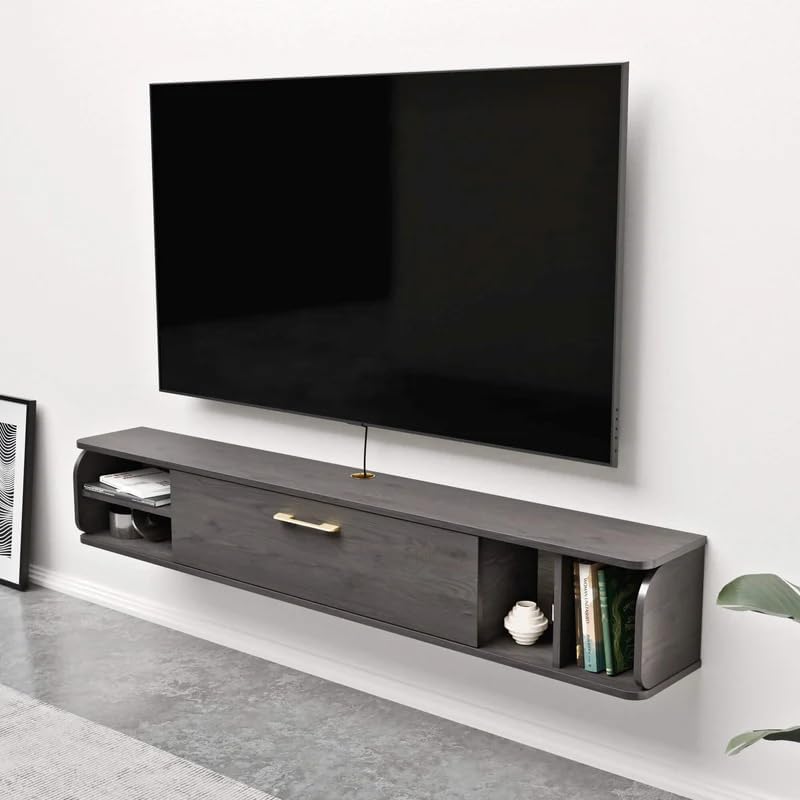 Floating TV Unit, 76'' Wall Mounted TV Cabinet, Floating Shelves with 4 Cabinets, Wood Entertainment Media Console Center Large Storage TV Bench for Living Room & Office (75.98IN, Dark Grey)